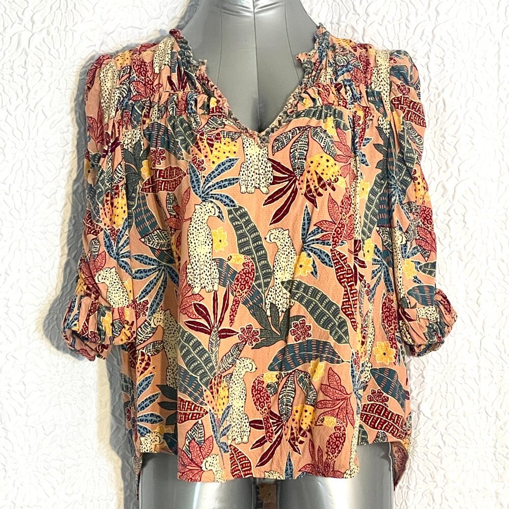 Democracy Blouse,  V-neck 3/4 sleeve, CheetahTropical Print, EUC